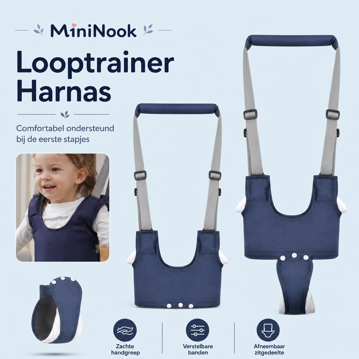 MiniNook Looptrainer Harnas – verstelbaar, ademend en veilig in gebruik